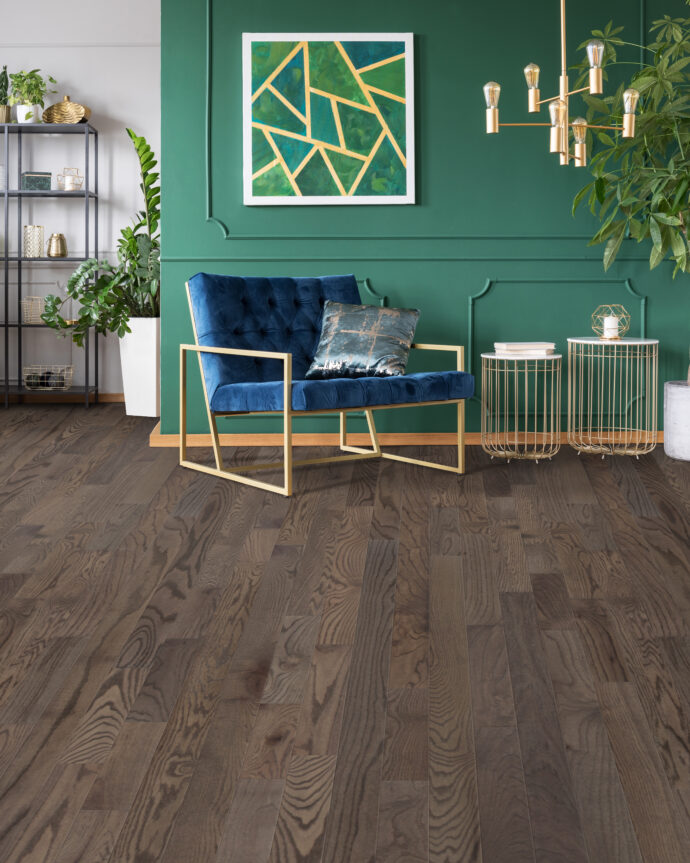 Stylish living room interior idea with green, blue and gold colors