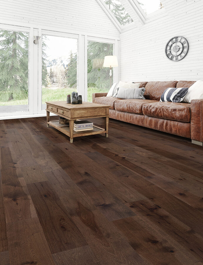 Living room of a chalet with forest and mountain view.